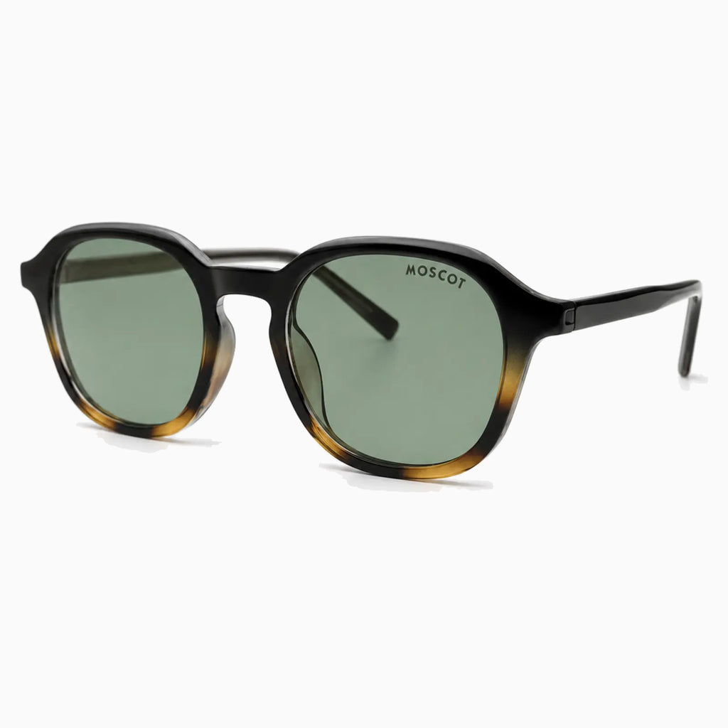 MOSCOT RIZIK SUN — Black Tortoise Fade / Green close view