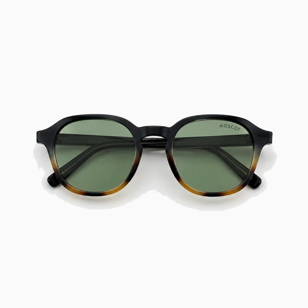 MOSCOT RIZIK SUN — Black Tortoise Fade / Green close view